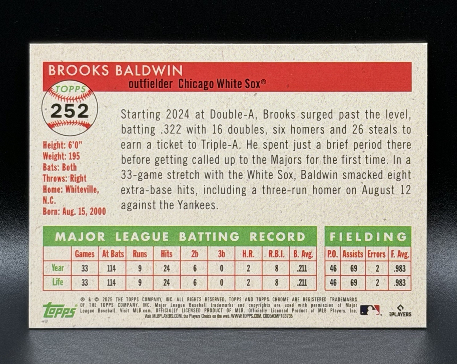 BROOKS BALDWIN 2025 TOPPS CHROME PLATINUM #252 TOILE CREAM ROSE GOLD RC 52/75