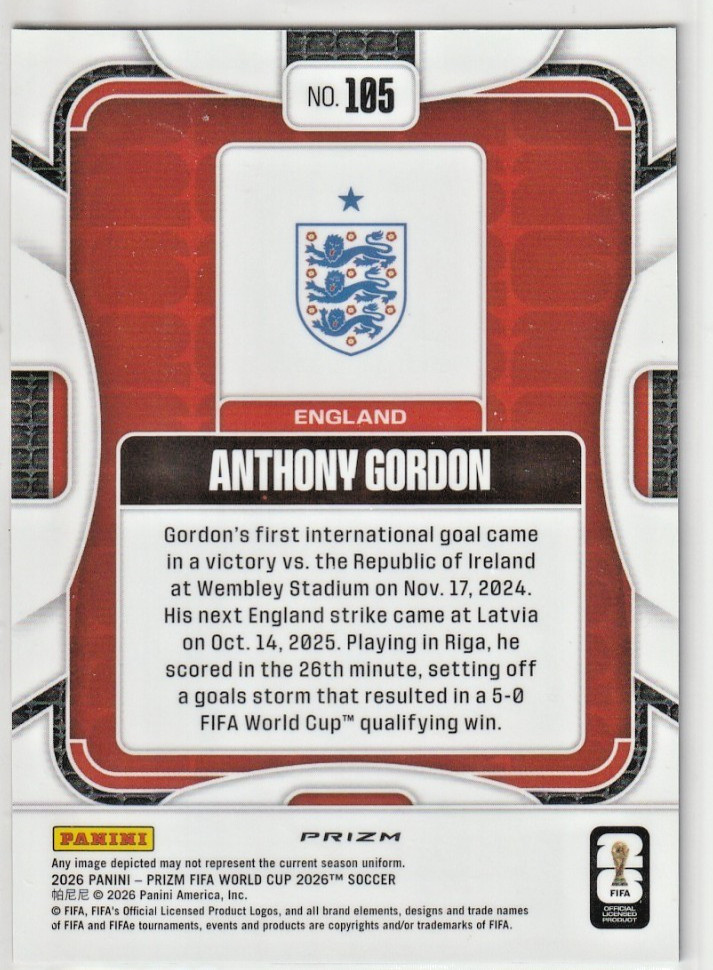 2026 Panini Prizm FIFA World Cup – Anthony Gordon #105 Wave Prizm England