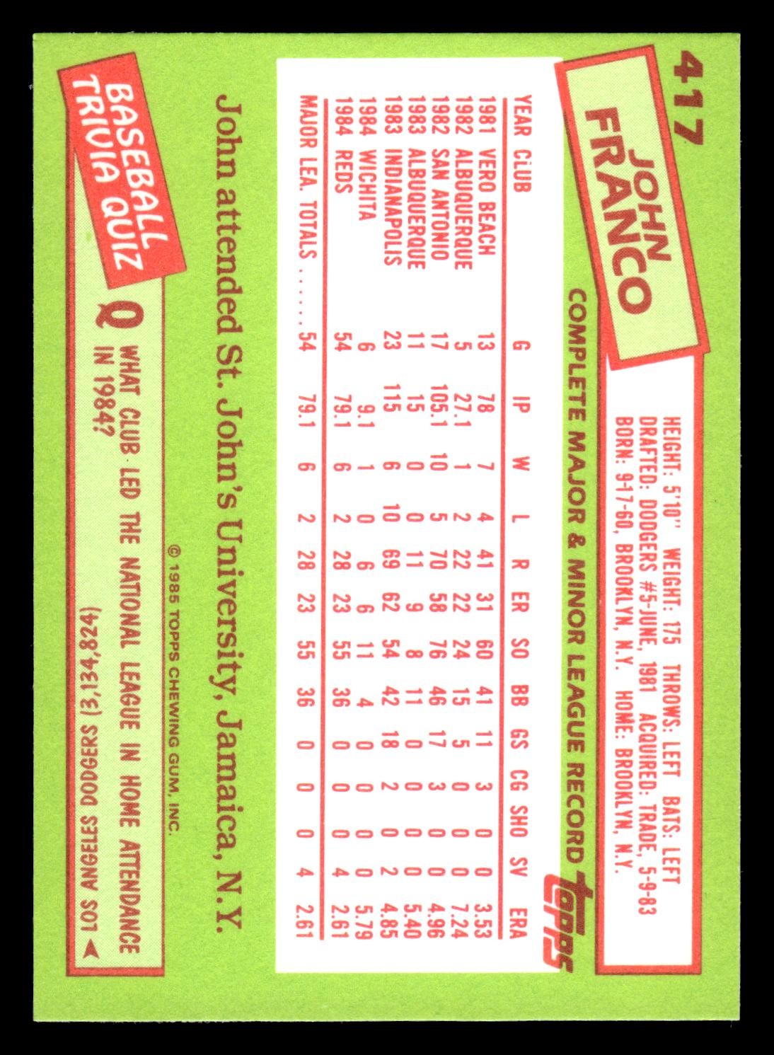 1985 Topps Tiffany Limited Ed #417 John Franco RC Cincinnati Reds Box Fresh!