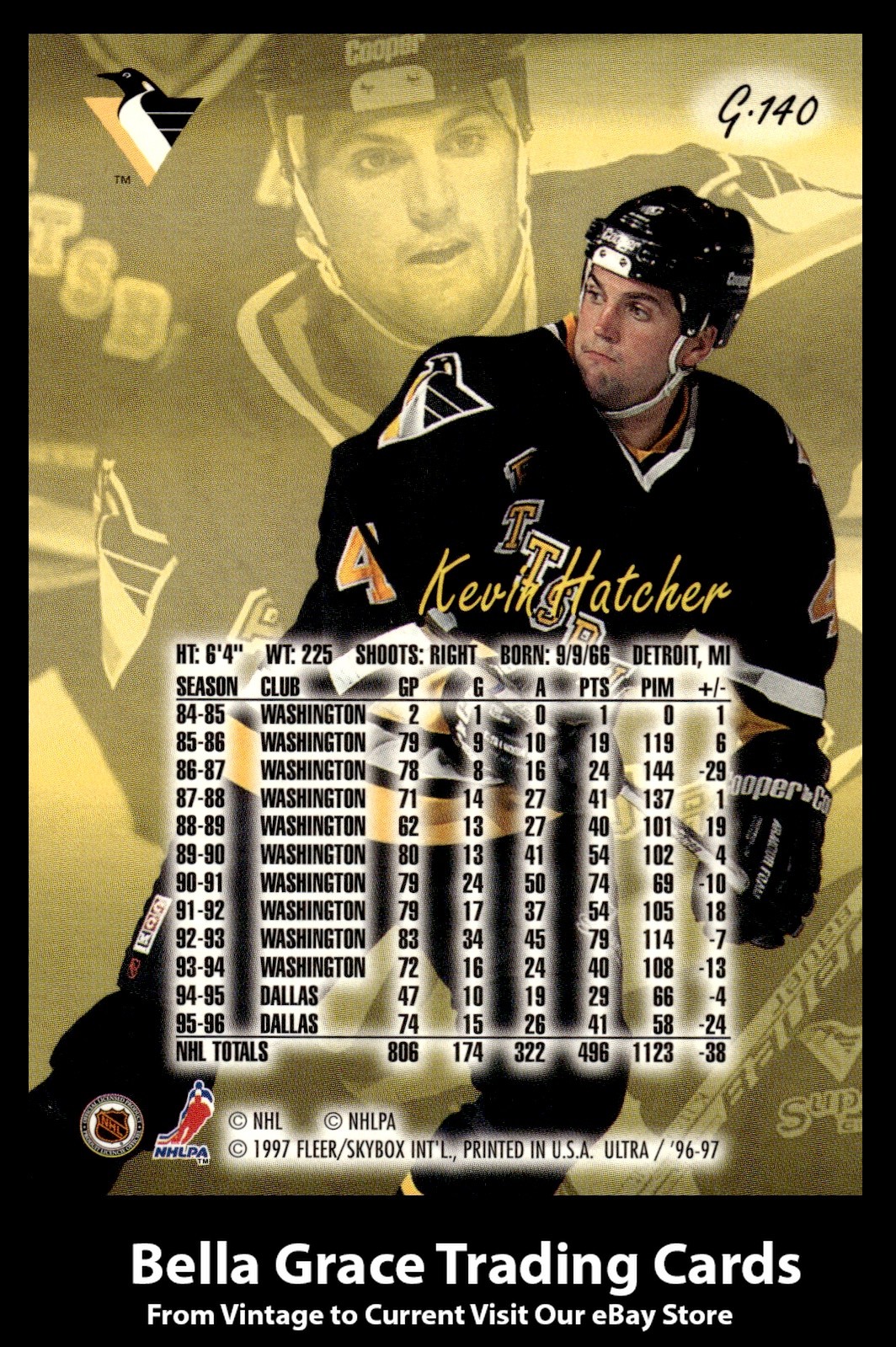 1996-97 Fleer Ultra Kevin Hatcher #G-140 Pittsburgh Penguins Gold Medallion