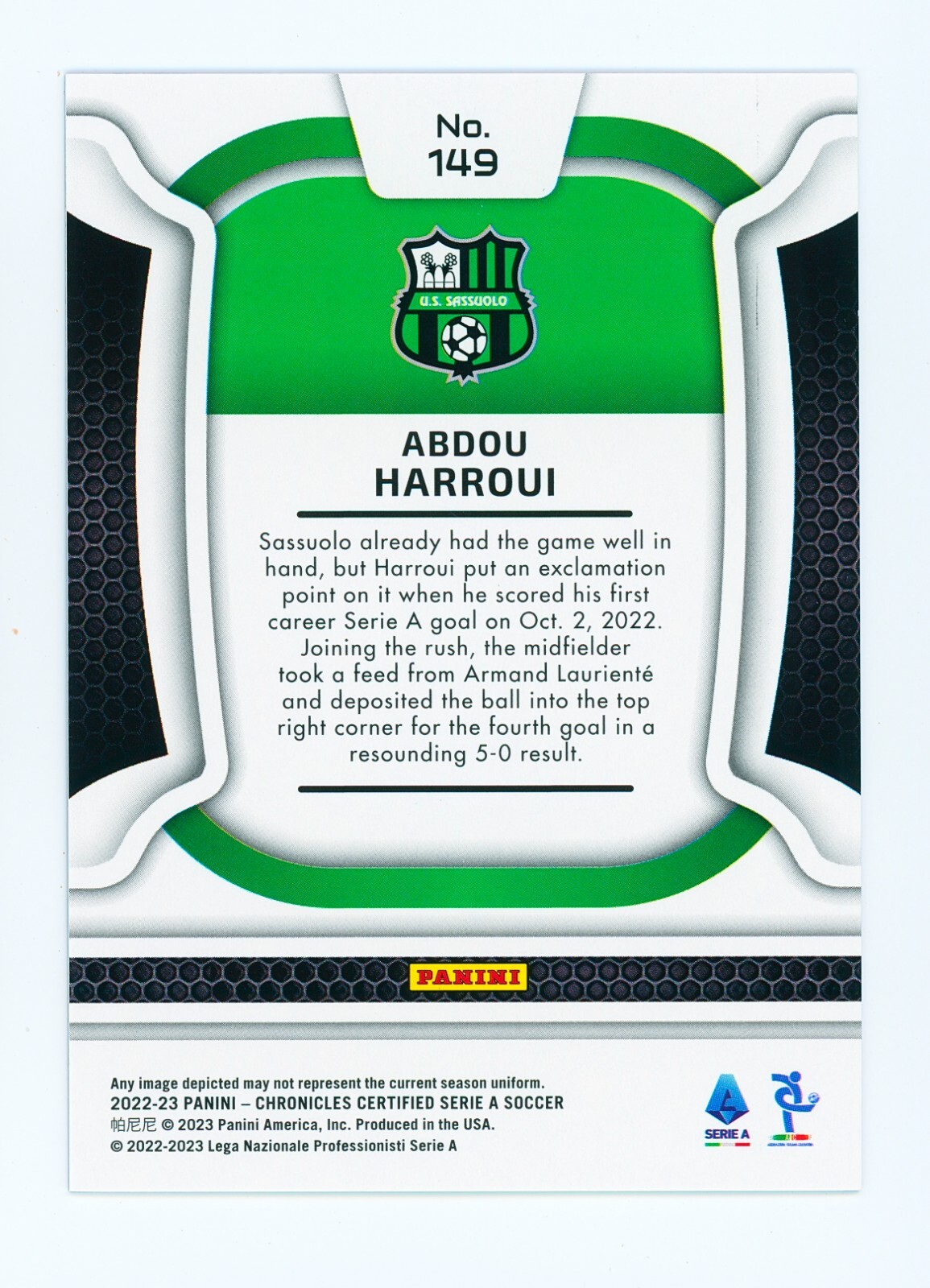 2022-23 Abdou Harroui Panini Chronicles Certified Blue Sassuolo Rookie Card /49