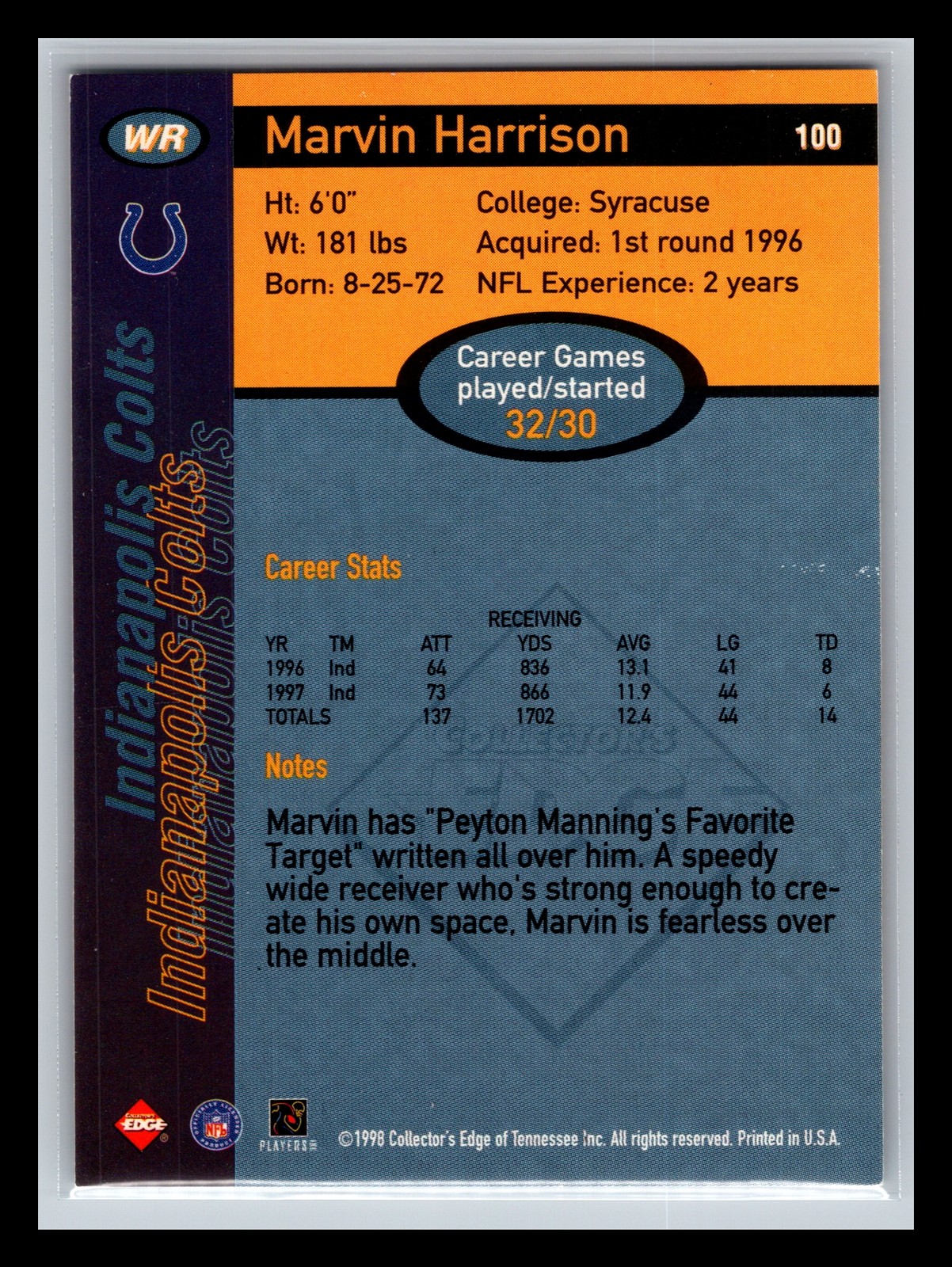 Collector’s Edge Marvin Harrison #100 1998 Collector’s Edge First Place Colts