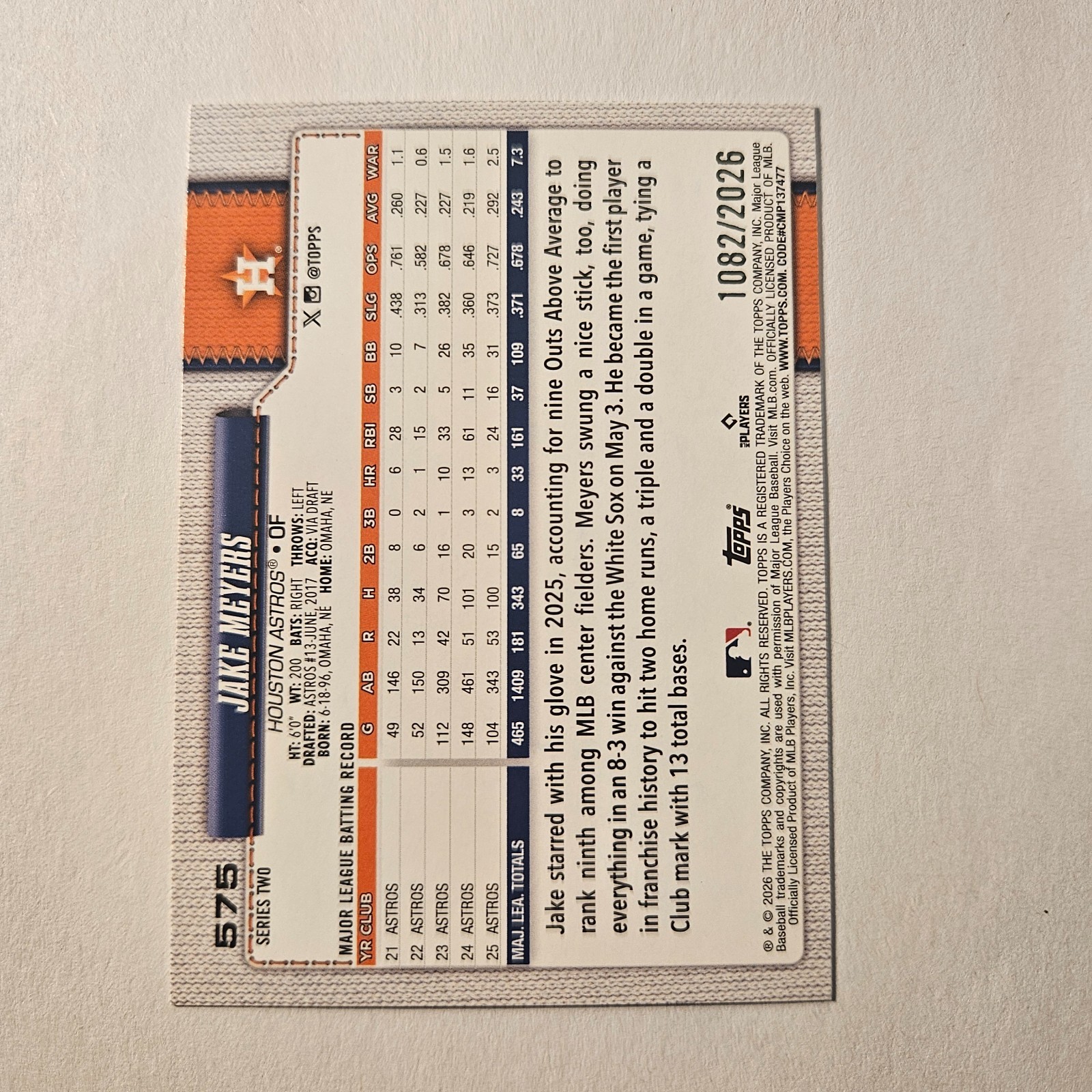 2026 Topps Series 2 Gold Jake Meyers #/2026 #575