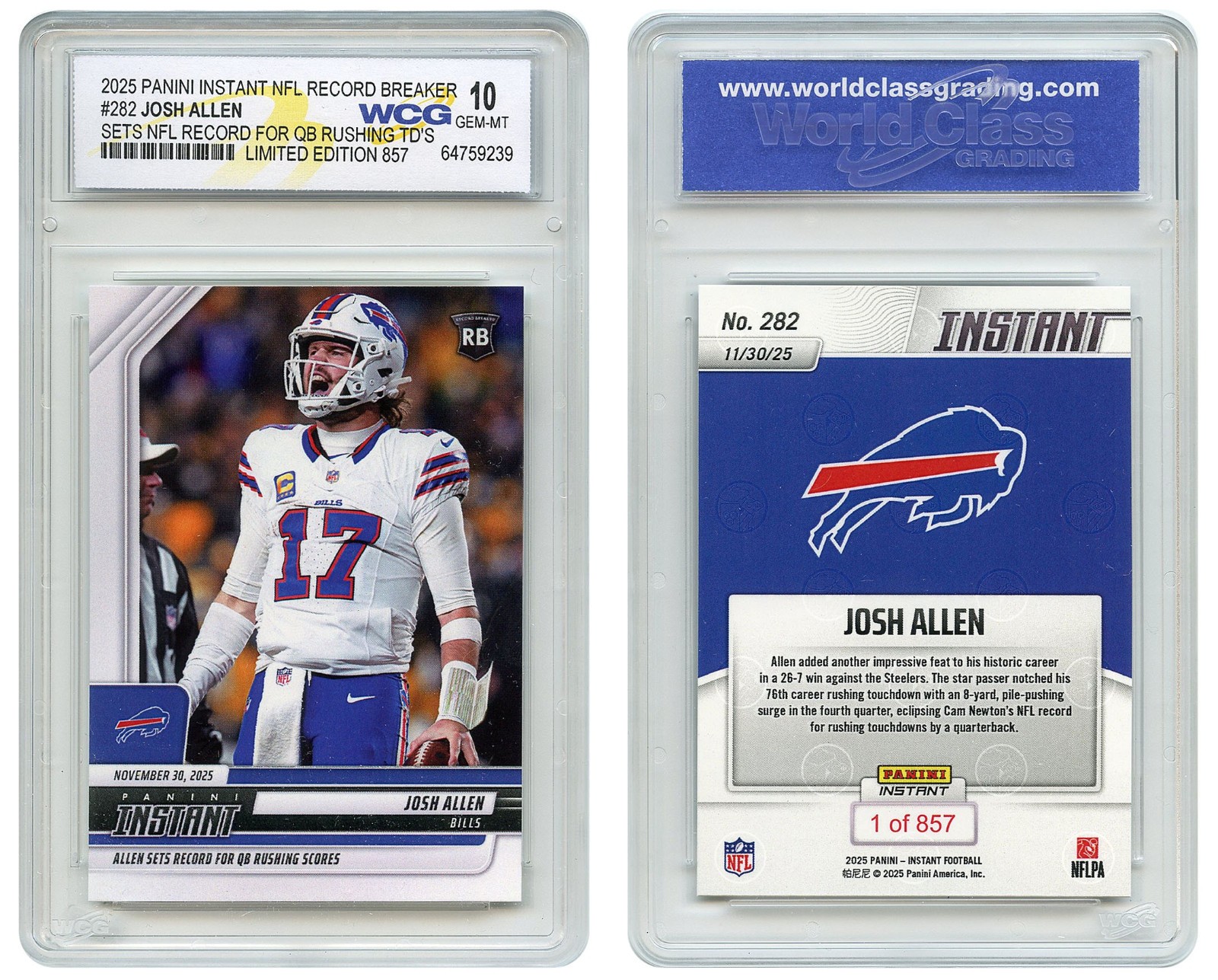 2025 Panini NFL JOSH ALLEN Sets NFL Record For QB Rushing TD’s #282 GEM MINT 10
