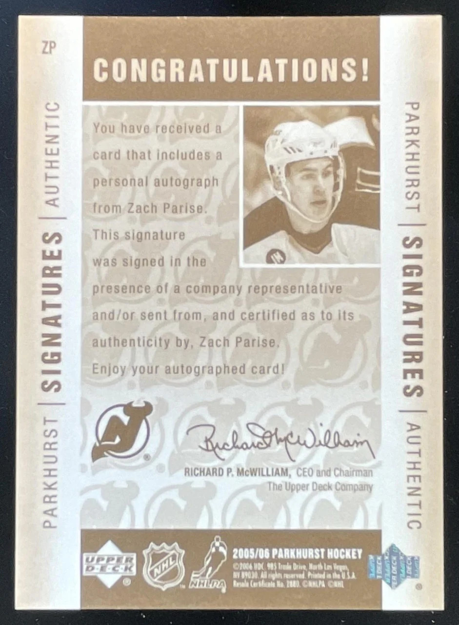 2005 Parkhurst Authentic Signatures #ZP Zach Parise Autograph Auto