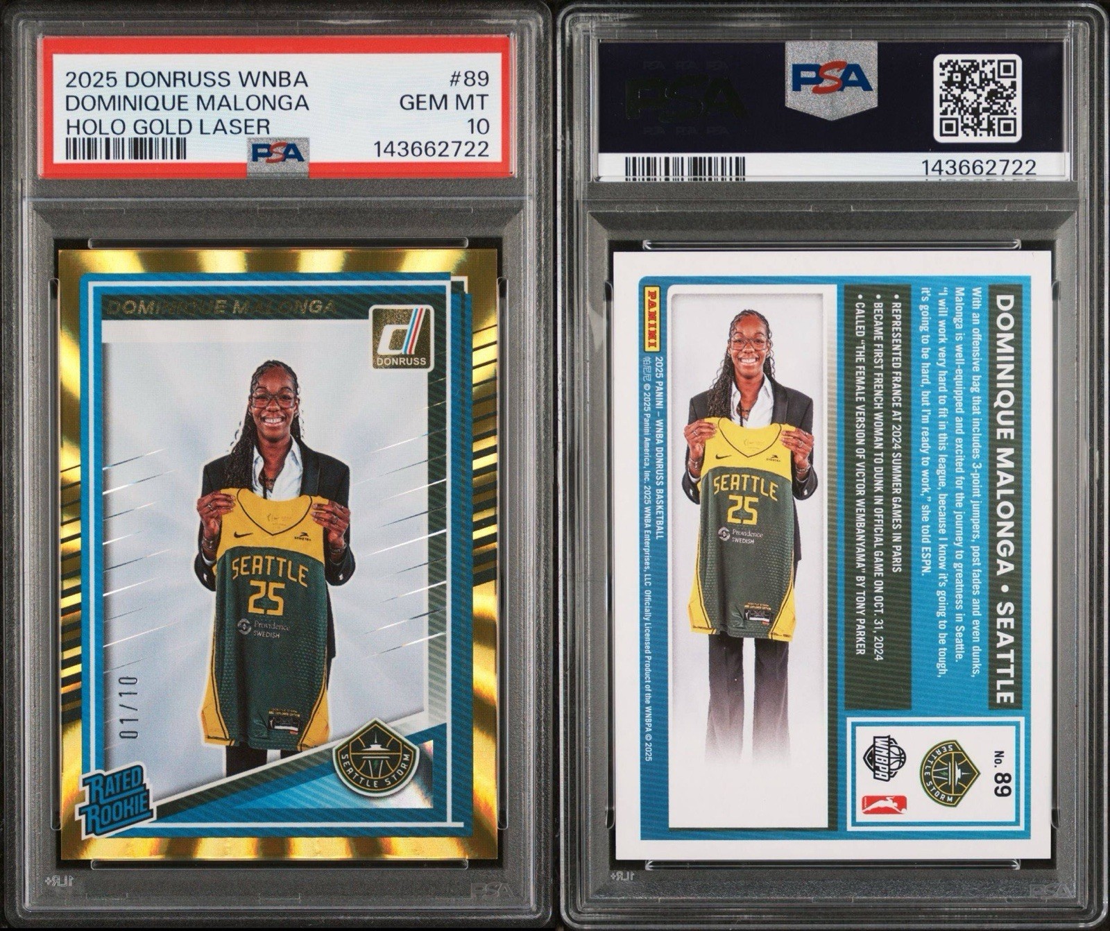 2025 WNBA Donruss Dominique Malonga Rated Rookie RC Gold Laser /10 PSA 10 Pop 2