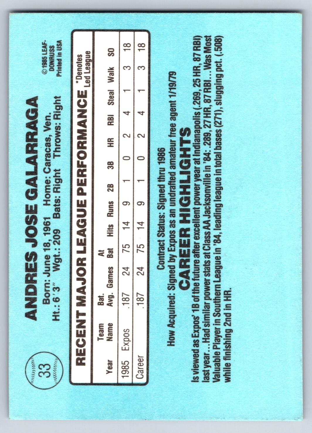 ANDRES GALARRAGA 1986 Donruss #33 RC
