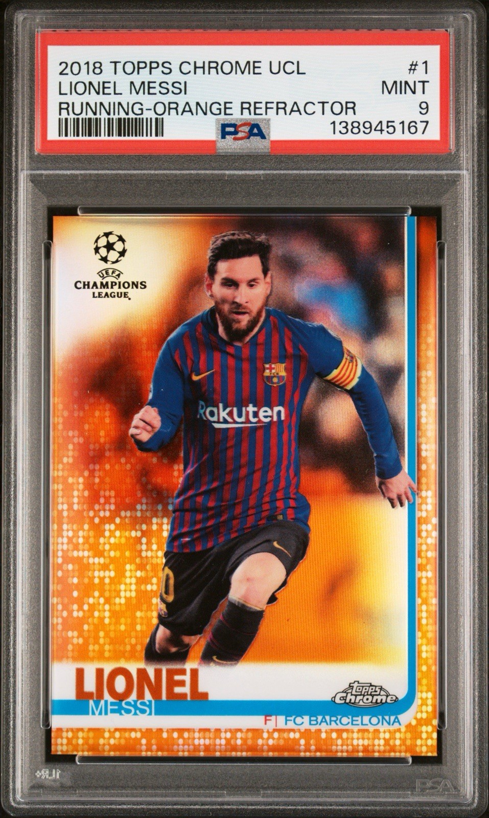 2018 Topps Chrome UCL Lionel Messi Running Orange Refractor /25 PSA 9 Argentina