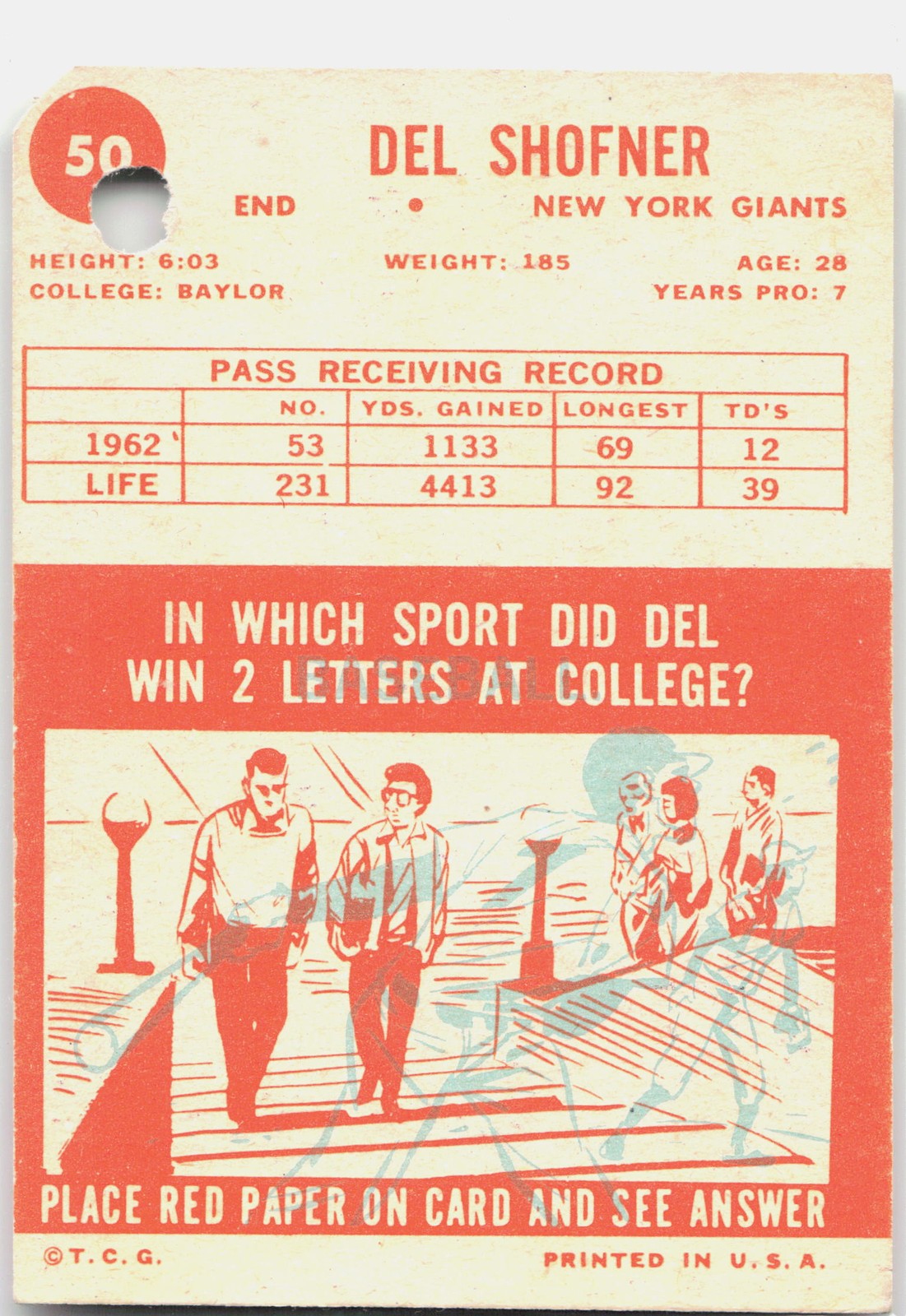1963 Topps #50 Del Shofner POOR PUNCH HOLE