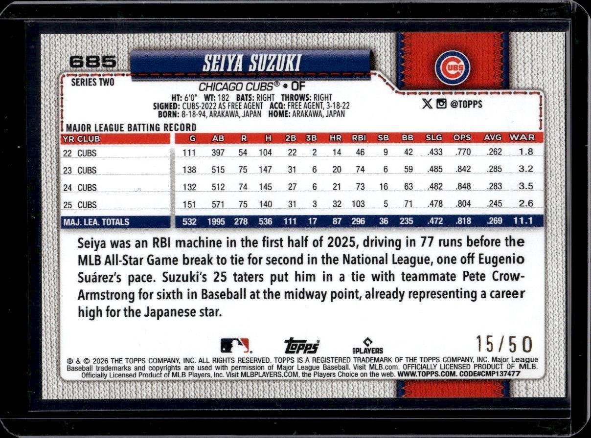 Topps 2026 Series 2 Seiya Suzuki Chicago Cubs #685 Gold Serial Numbered /50
