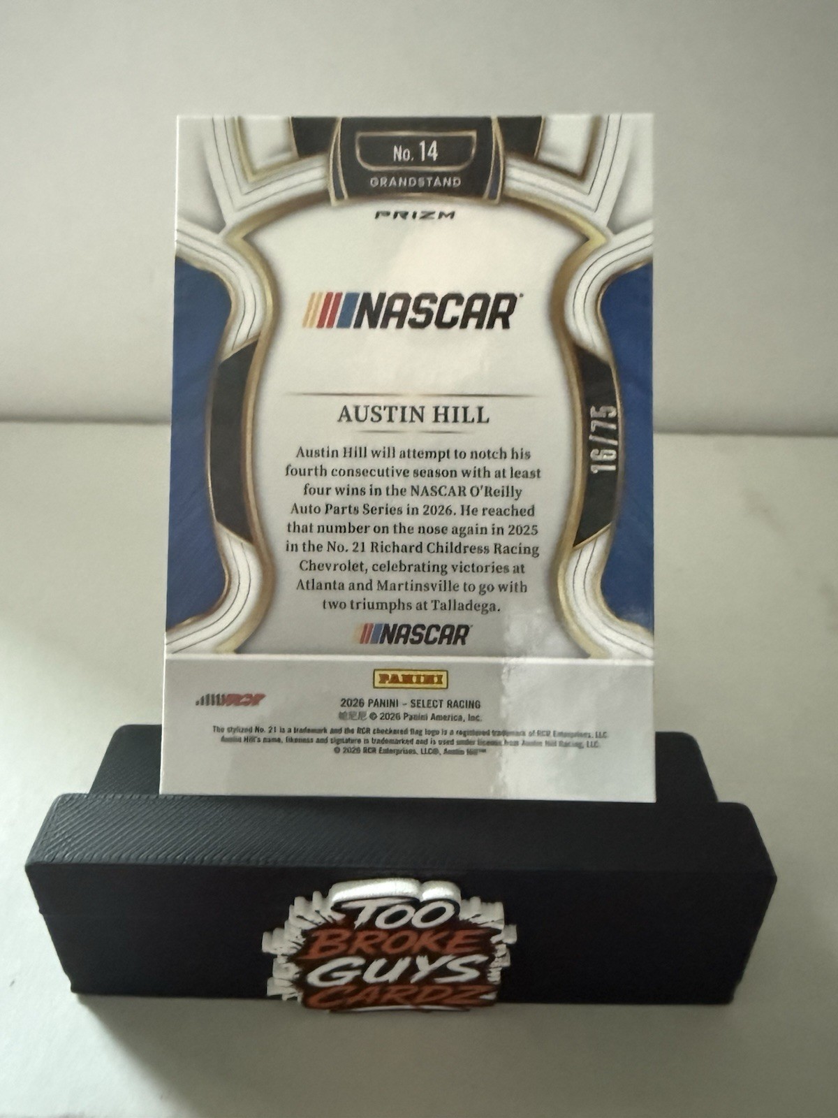 Panini 2026 Select Racing Austin Hill Grandstand Green Prizm #14 18/75 NASCAR