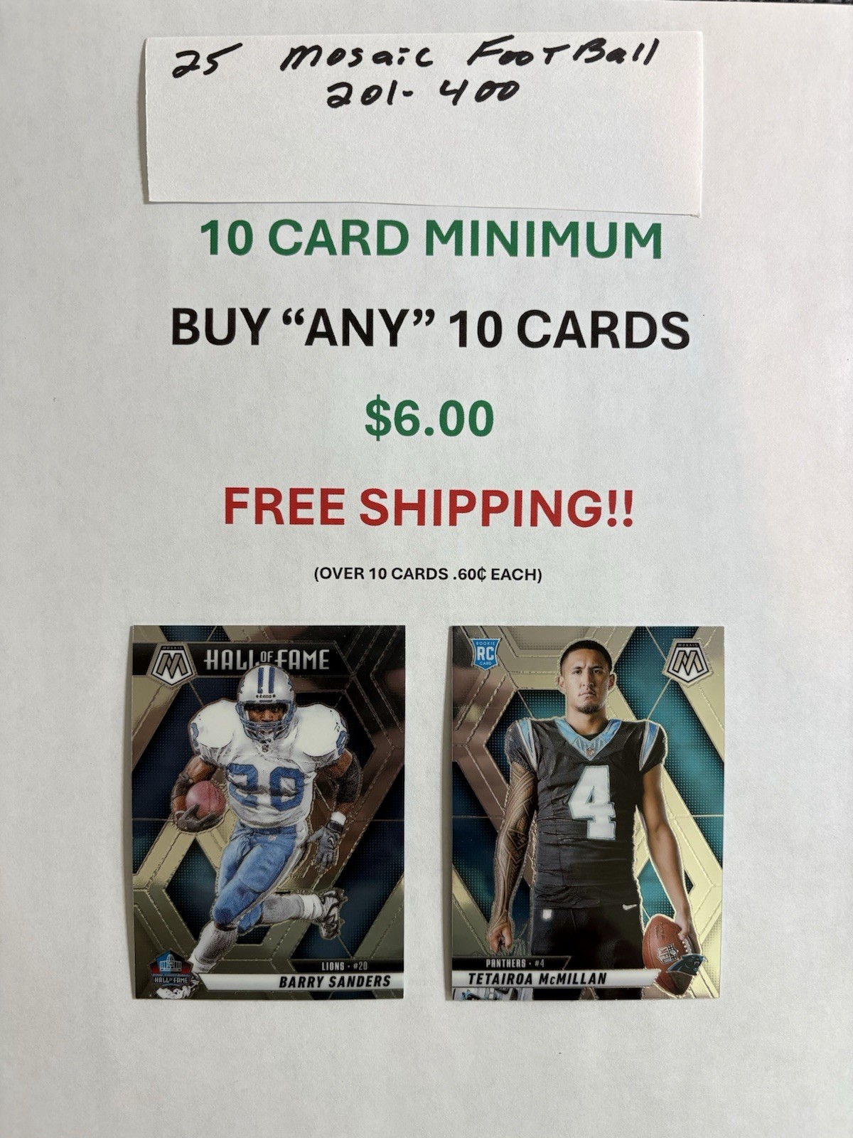 2025 Mosaic Football, cards 201-400,10 card Minimum, 10/$6.00, Free shipping !!