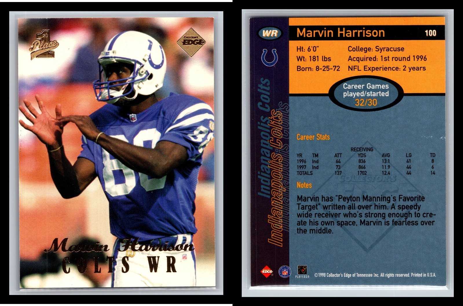 Collector’s Edge Marvin Harrison #100 1998 Collector’s Edge First Place Colts