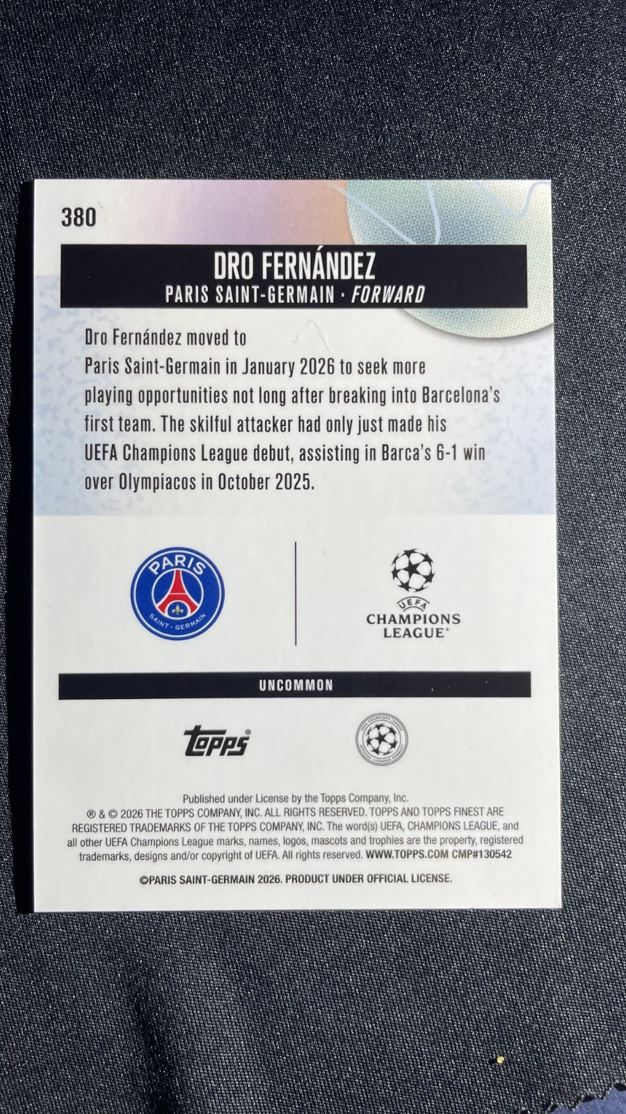 2025-26 Topps Finest UEFA Dro Fernandez RC Gold Refractor /25 Rookie #380
