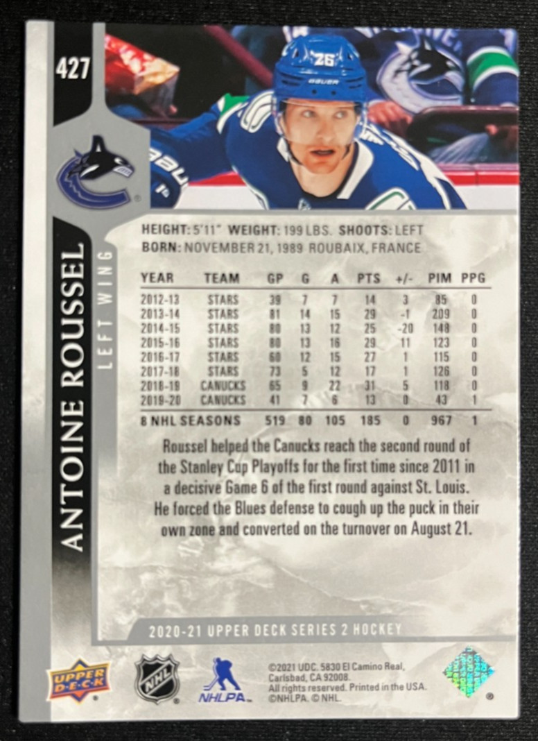 2020-21 Upper Deck Antoine Roussel #427 Vancouver Canucks
