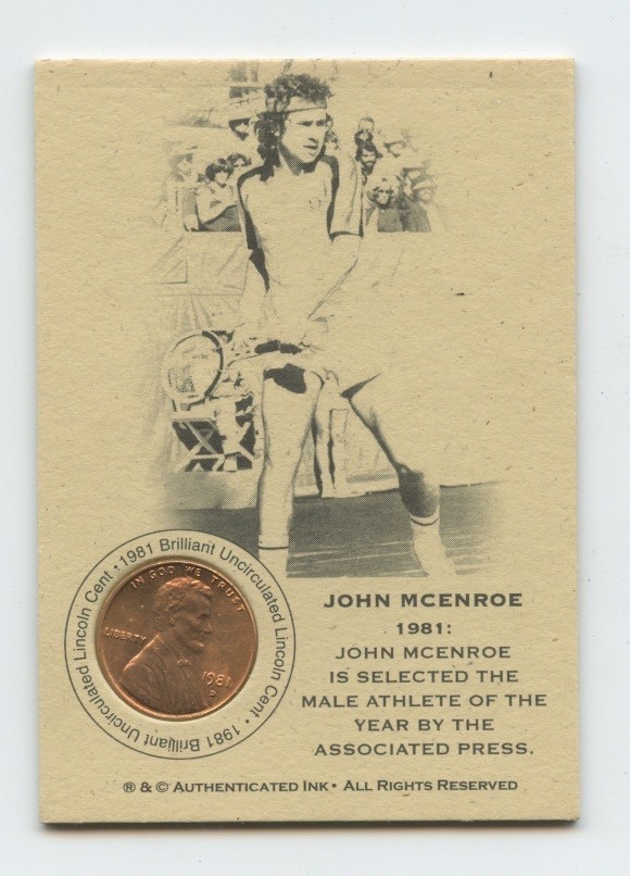 JOHN MCENROE 1981 SCARCE BRILLIANT UNCIRCULATED PENNY TENNIS COIN CARD