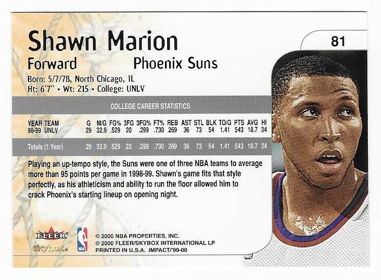 1999-00 Fleer Skybox Impact Rookie Shawn Marion Phoenix Suns Basketball #81 RC