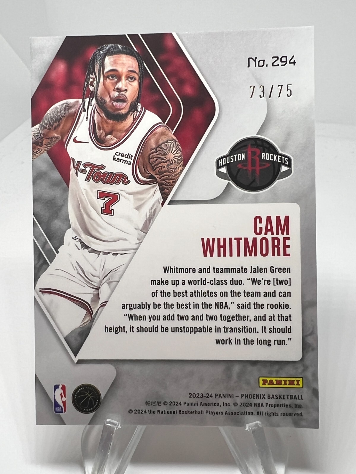 2023-24 Phoenix Cam Whitmore International Red /75 #294 Rockets Rookie