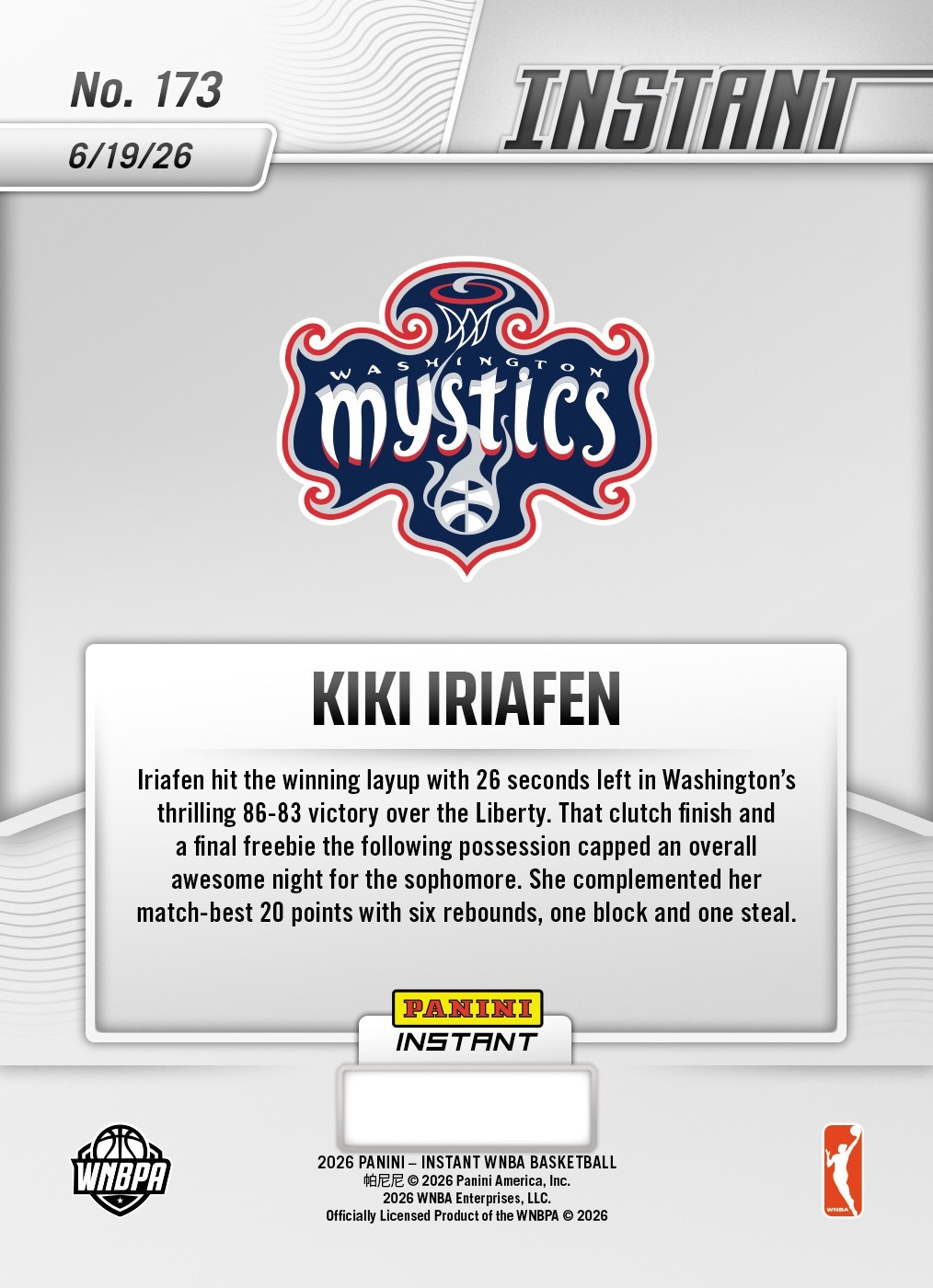 *PRESALE* 2026 Panini Instant WNBA Kiki Iriafen #173 ~ Washington Mystics