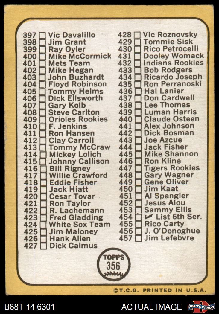 1968 Topps #356 Ken Holtzman Checklist 5 Inset photo varies Cubs 3 – VG