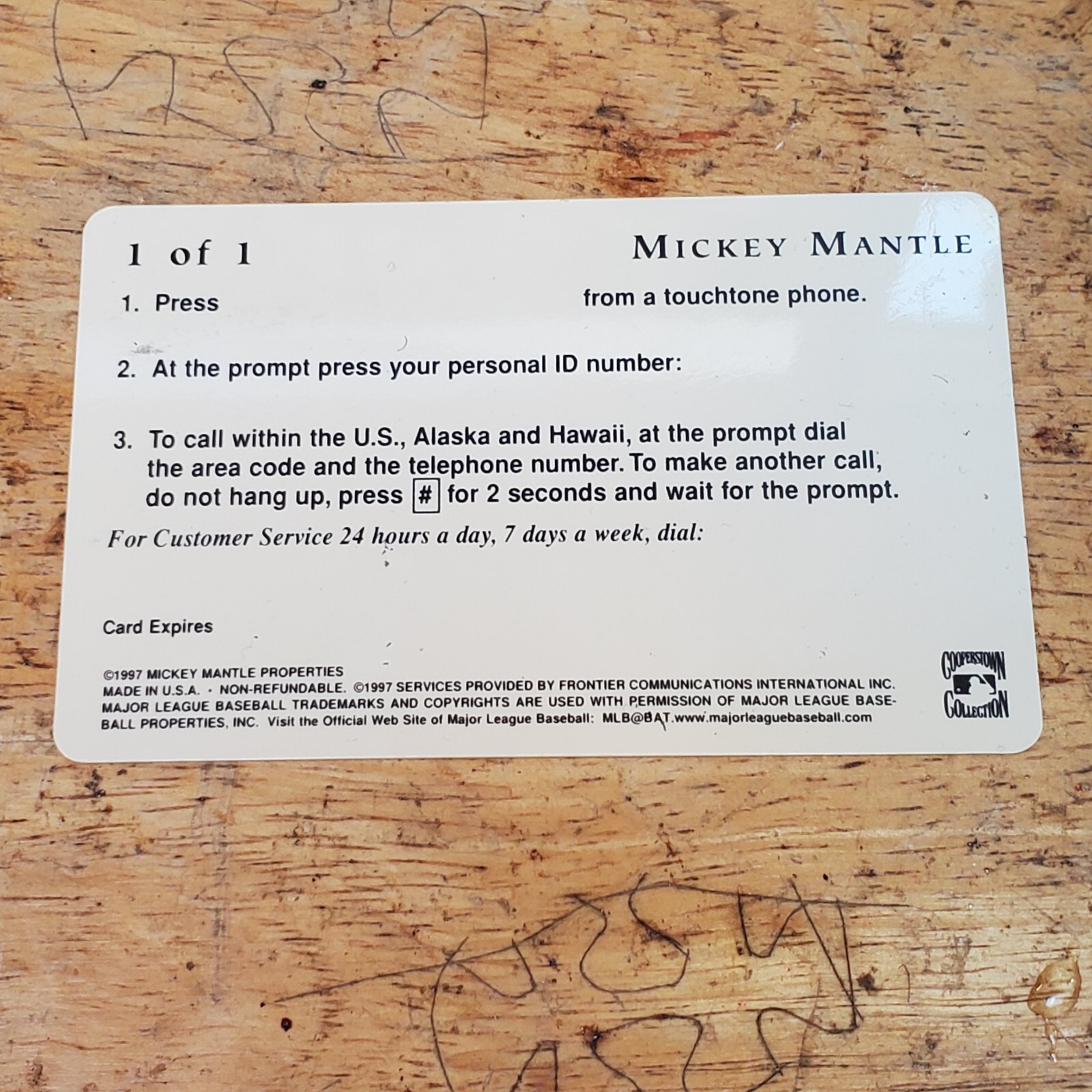 1997 Mickey Mantle $700 Phone Card. Cooperstown Collection. MLB Endorsed.