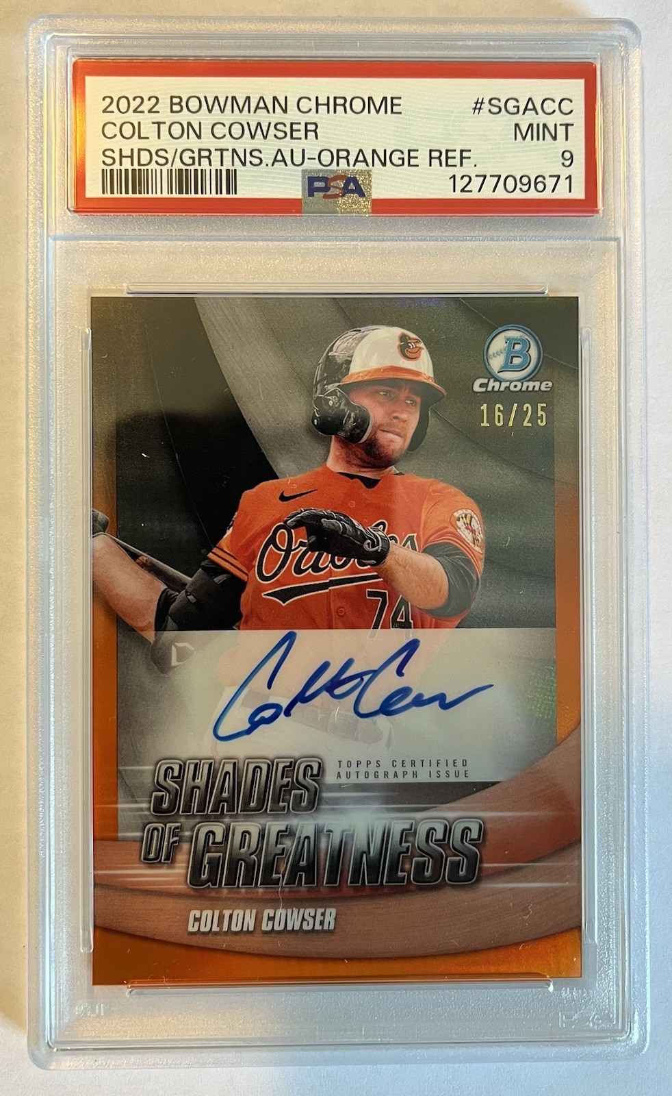 2022 Bowman Chrome – Shades of Greatness Auto Colton Cowser #SGA-CC Orange /25