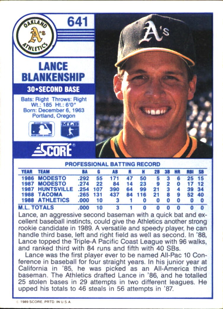 1989 Score Lance Blankenship Rookie #641 Oakland Athletics