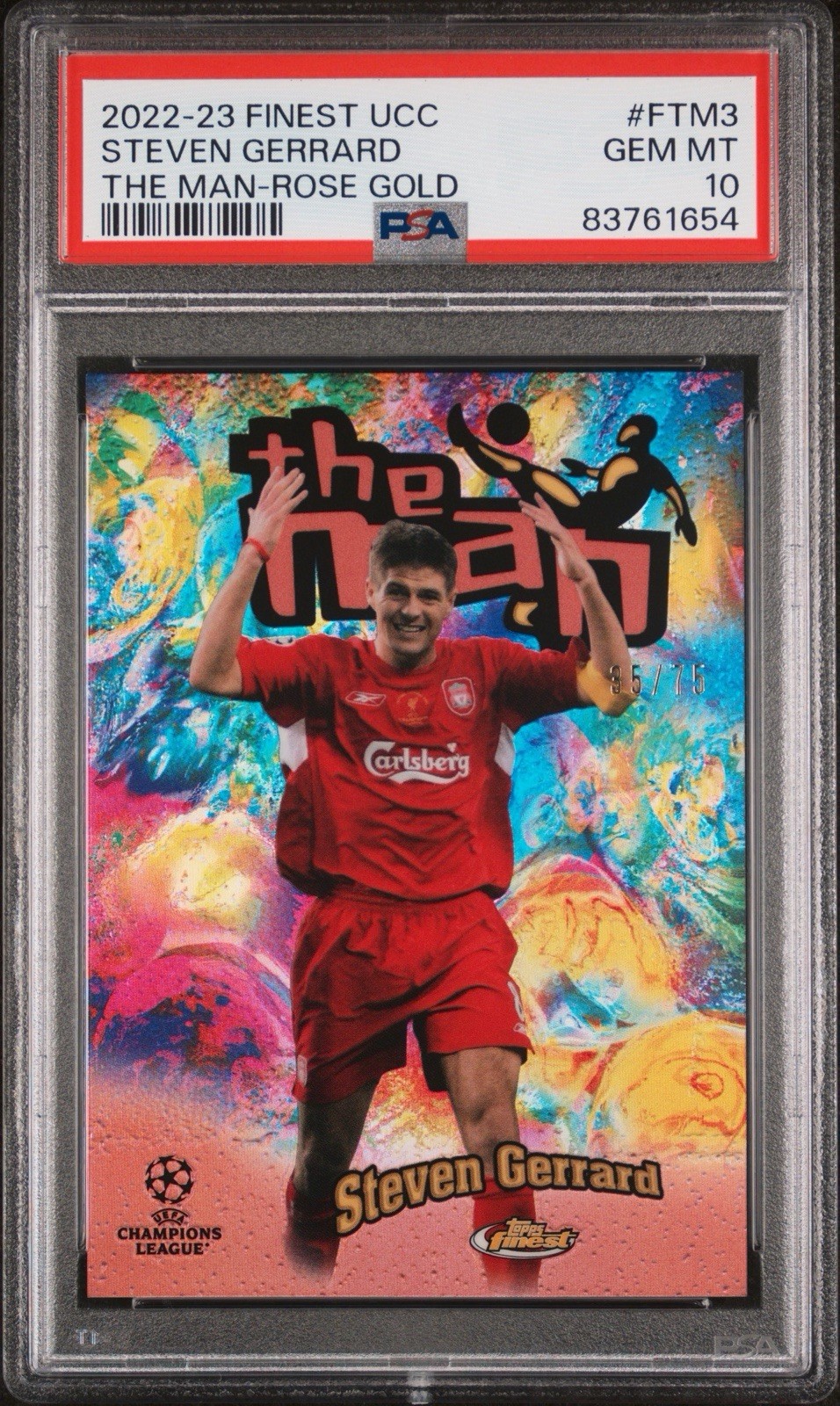 2022 TOPPS FINEST UEFA CC STEVEN GERRARD THE MAN ROSE GOLD REFRACTOR /75 PSA 10