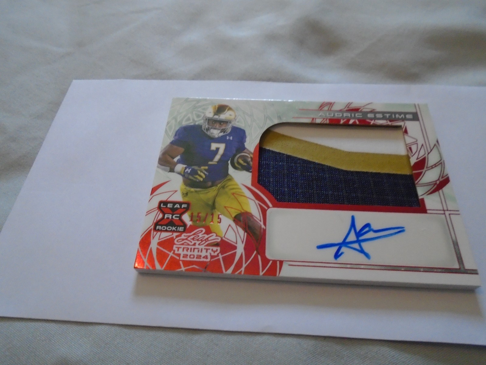 Audric Estime 2024 Leaf Trinity RC 3 Color Patch Auto #15/15 Notre Dame Star!