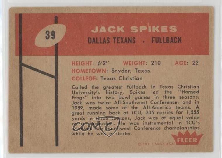 1960 Fleer Jack Spikes #39 Rookie RC 07qi