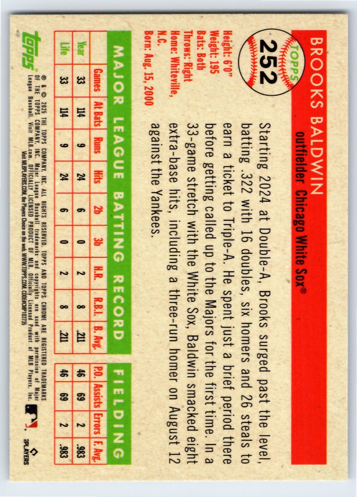2025 Topps Chrome Platinum #252 Brooks Baldwin Chicago White Sox RC