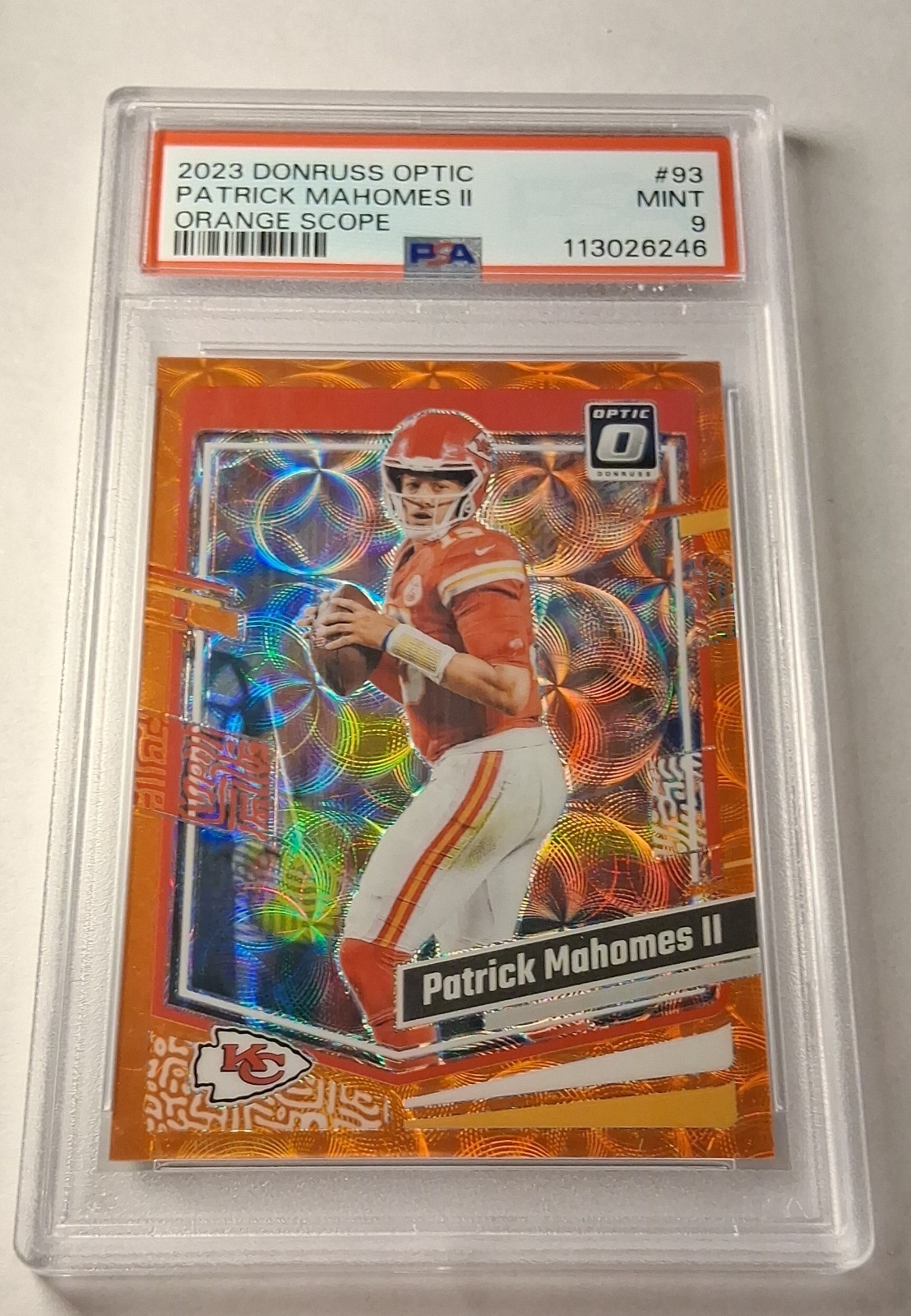 2023 Panini Donruss Optic – Patrick Mahomes II #93 Orange Scope Prizm /79 PSA 9