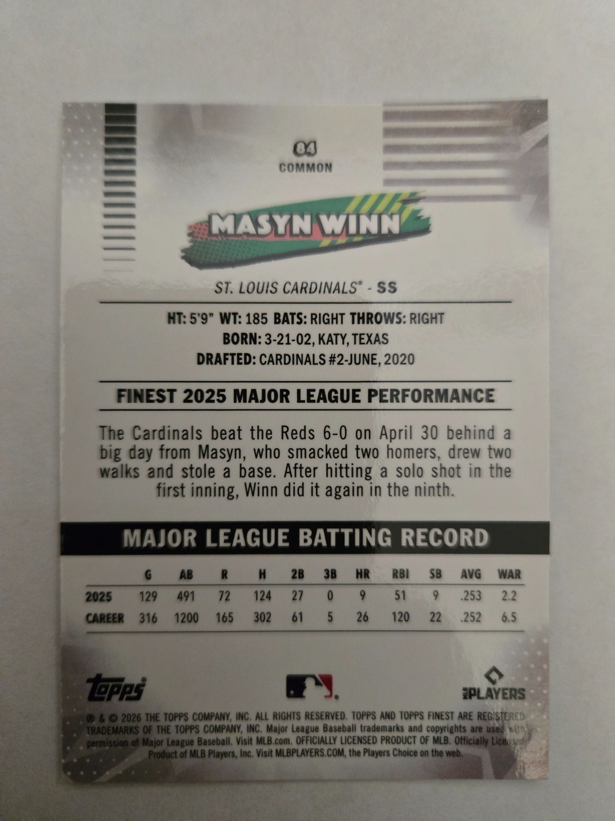 2026 Topps Finest Baseball COMMON 84 Masyn Winn, St. Louis Cardinals