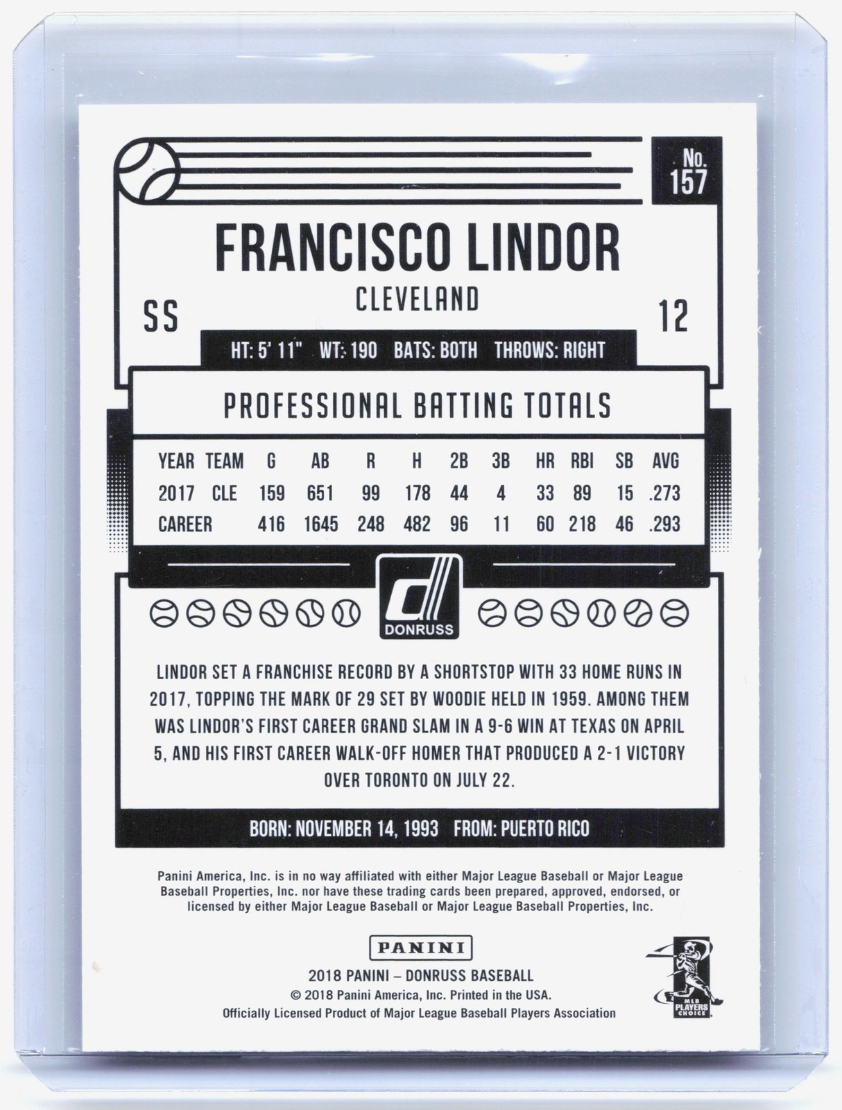 2018 Donruss #157 Francisco Lindor Career Stat Line #/293