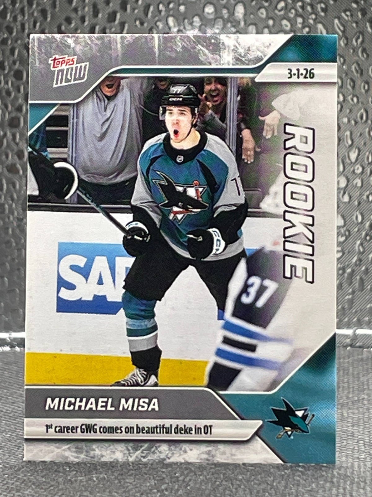 Michael Misa 2025-26 Topps Now NHL Sticker #112 Rookie 1st Career GWG Sharks