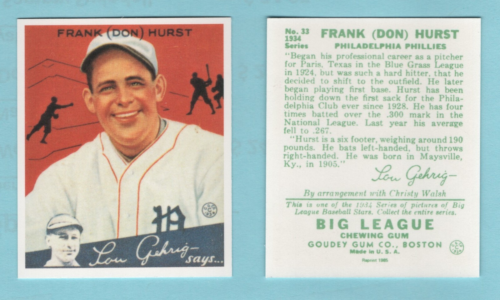 1985-1934 Goudy Baseball # 33 Frank Hurst — Philadelphia Phillies — 741