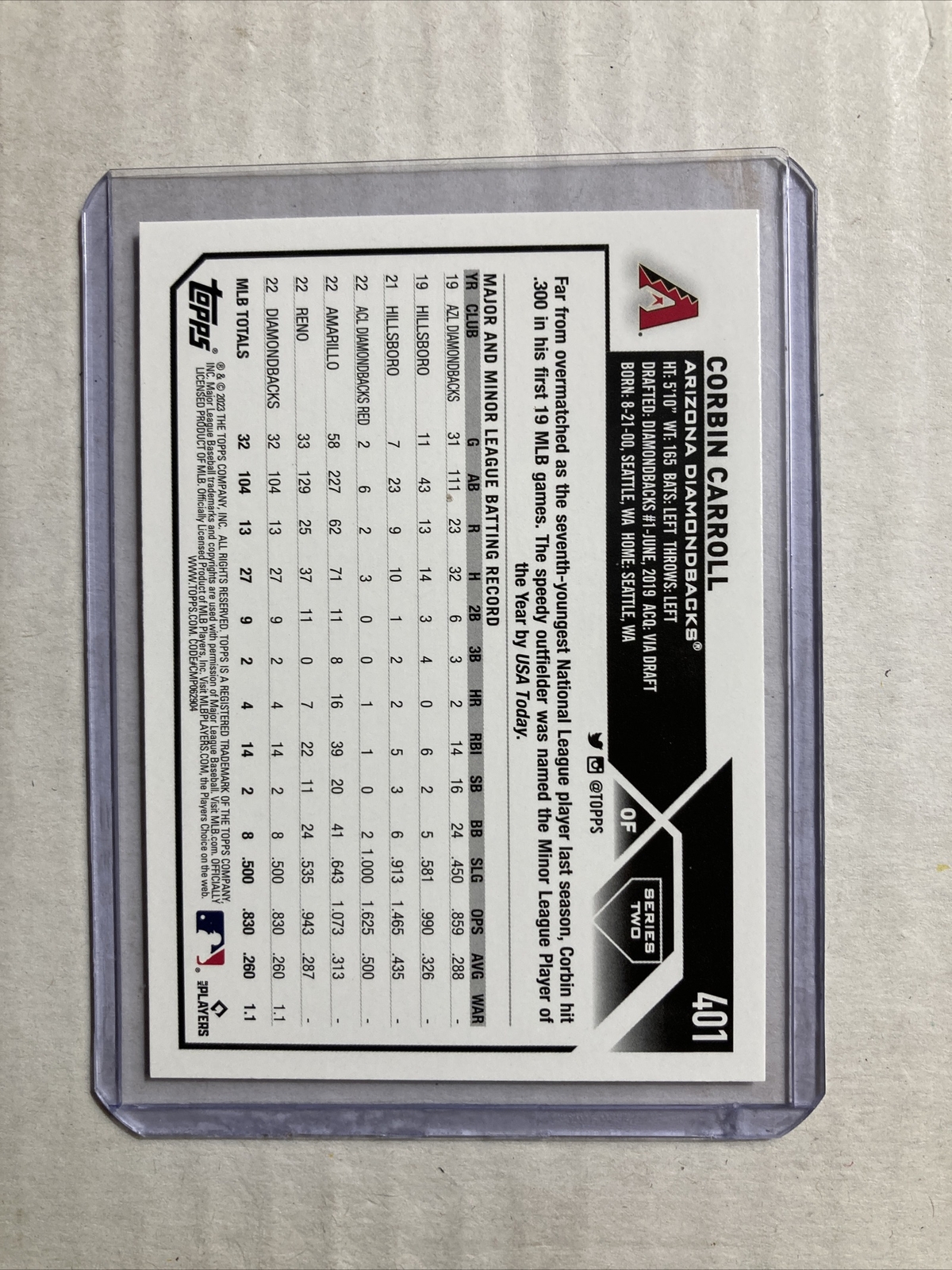 2023 Topps #401- CORBIN CARROLL Rookie RC Card.