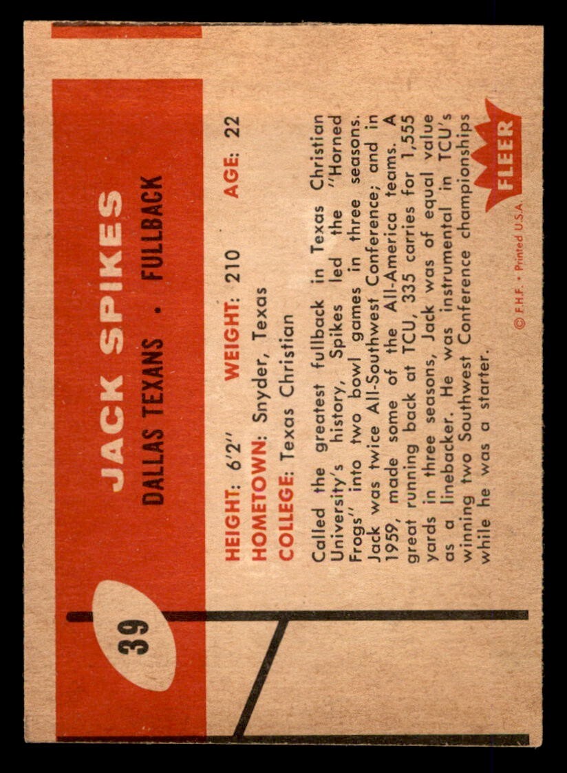 1960 Fleer Football #39 Jack Spikes VG