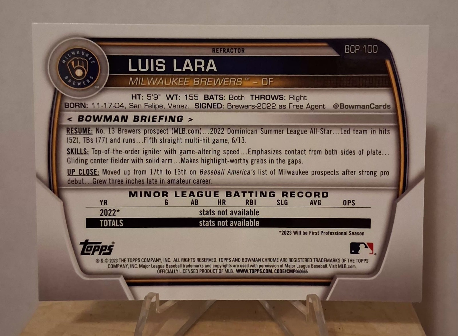 2023 Bowman Luis Lara 1st Bowman Lunar Glow Chrome Refractor Brewers #BP-100