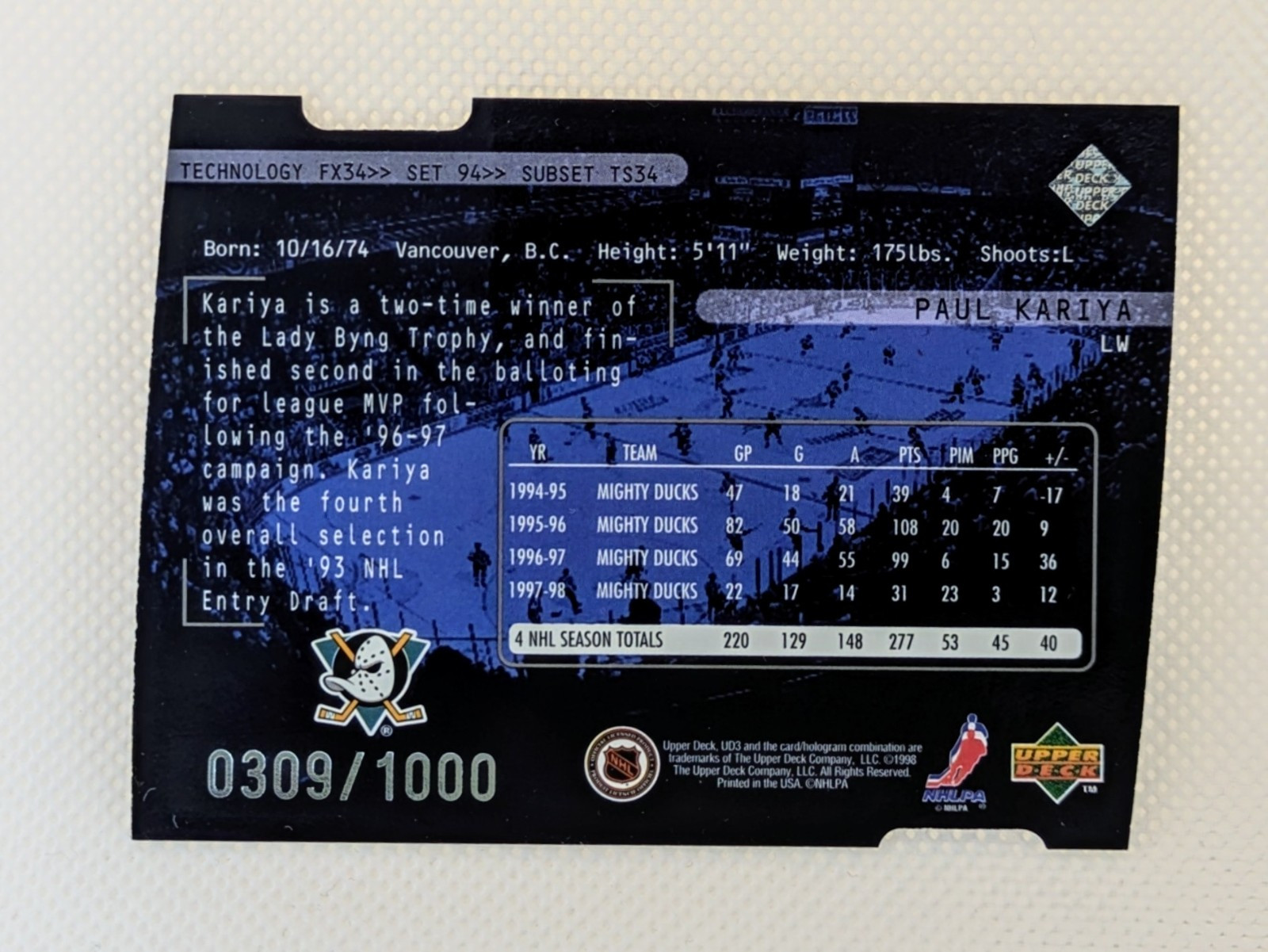 PAUL KARIYA 1998-99 Upper Deck UD3 DIE CUTS #94 TF- Anaheim Ducks #0309/1000 HOF