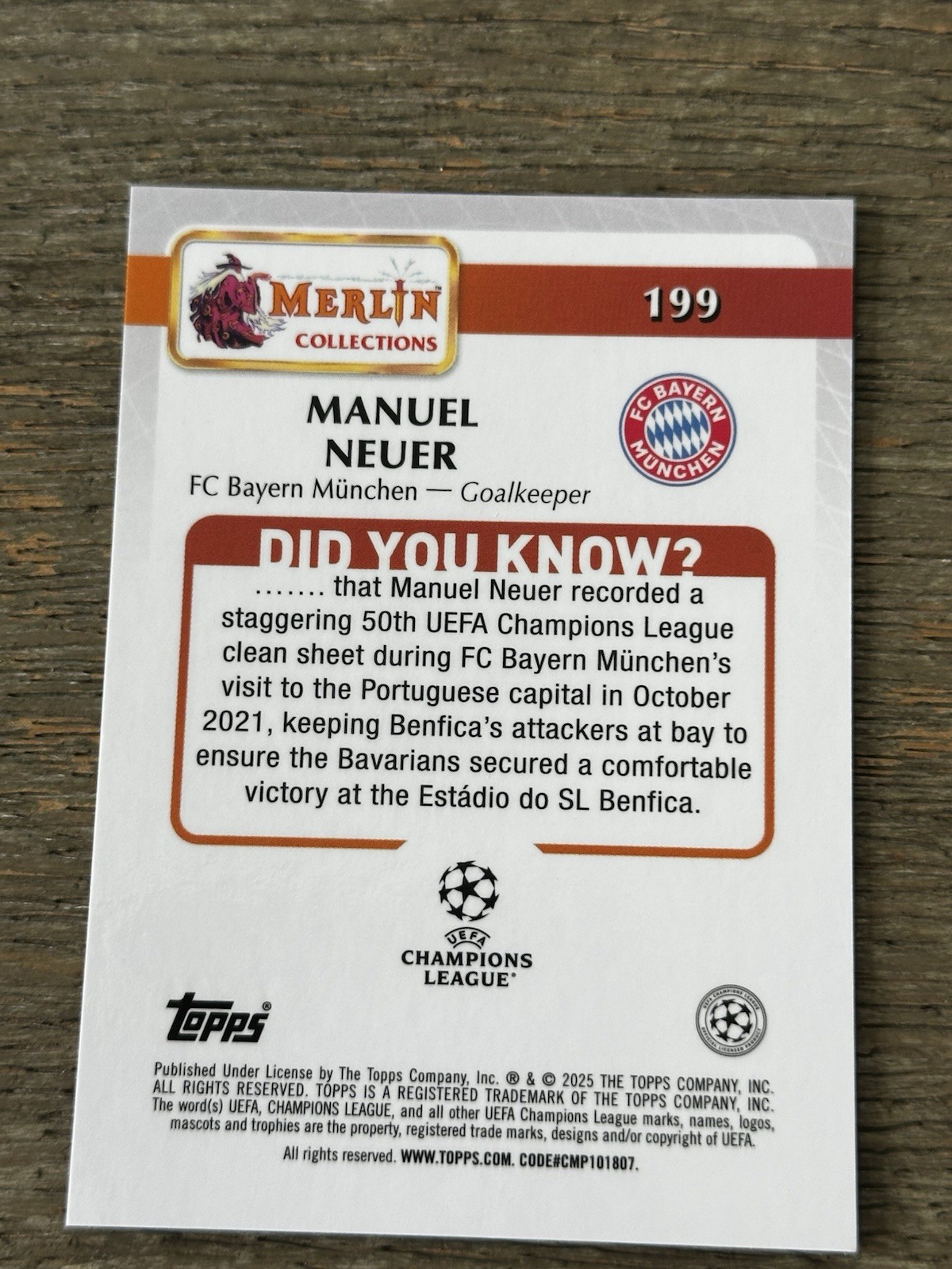 2025 Topps Merlin Manuel Neuer White /30 Bayern Munich