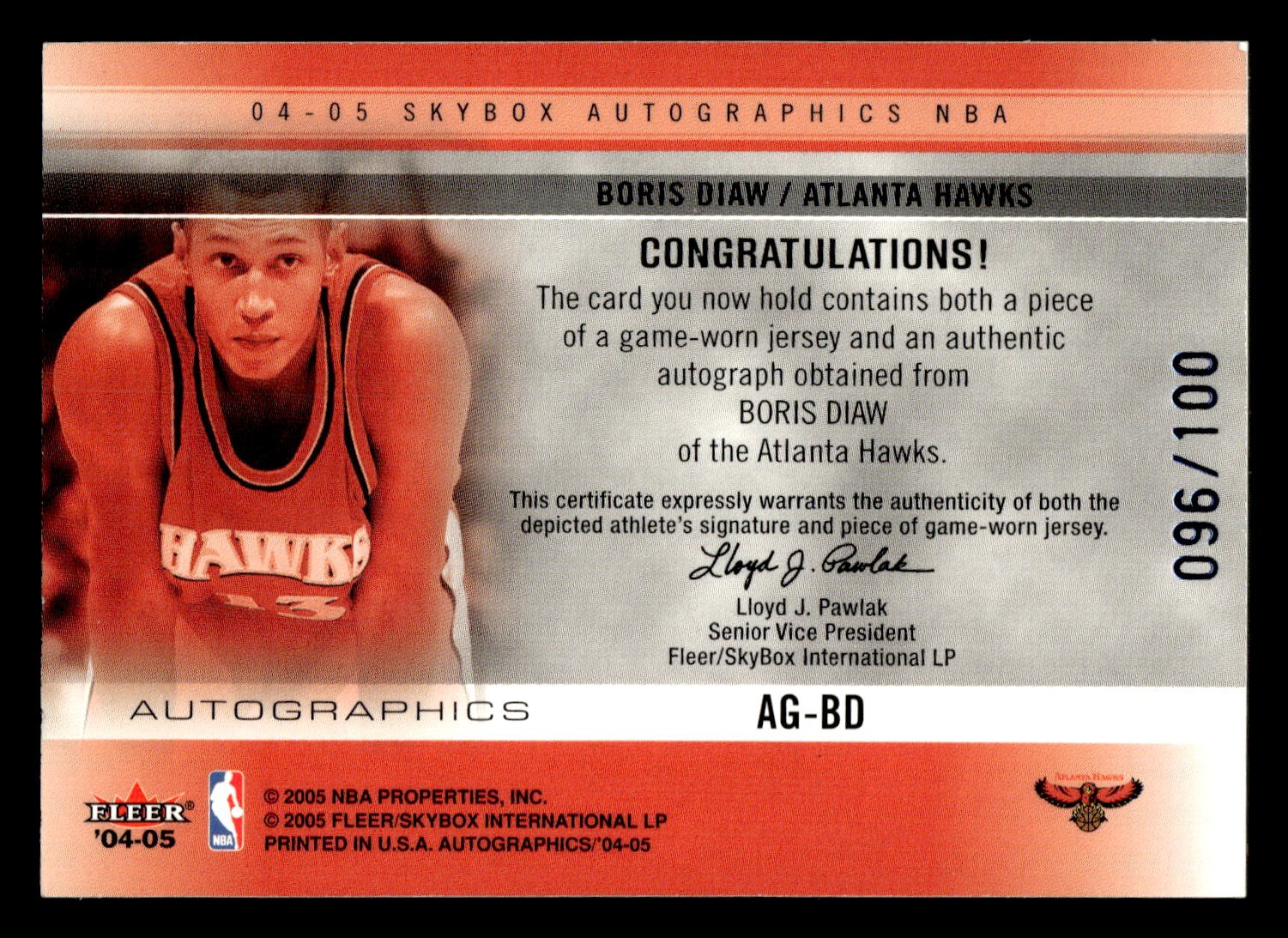 2004-05 SkyBox Autographics #AG-BD Boris Diaw Autographs Patches /100