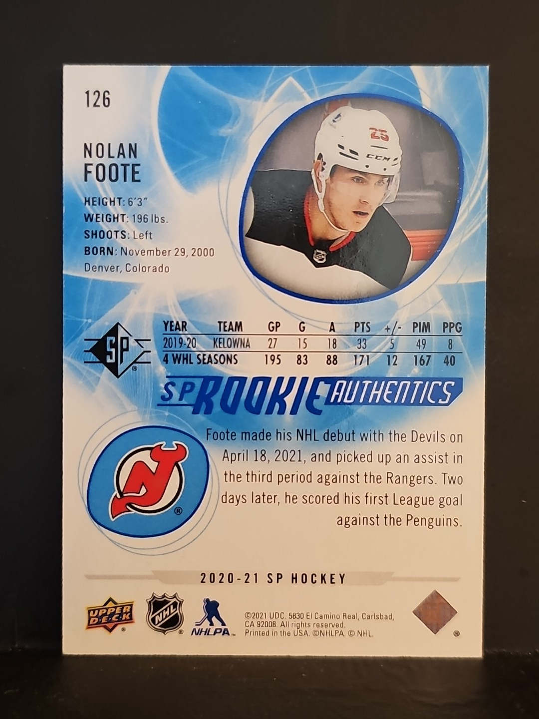 2020-21 SP Blue #126 Nolan Foote DEVILS