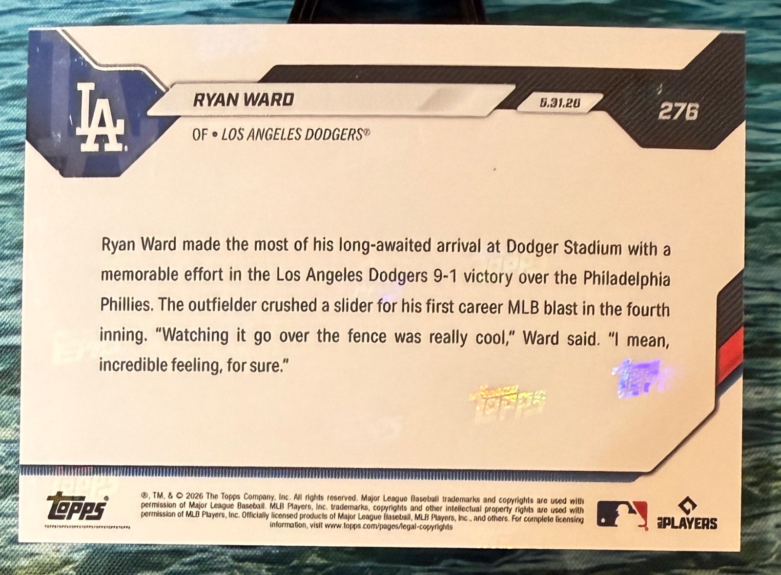 💥2026 Topps Now #276 GOLD Foil 29/50💥RYAN WARD 1st Homer Dodger Stadium