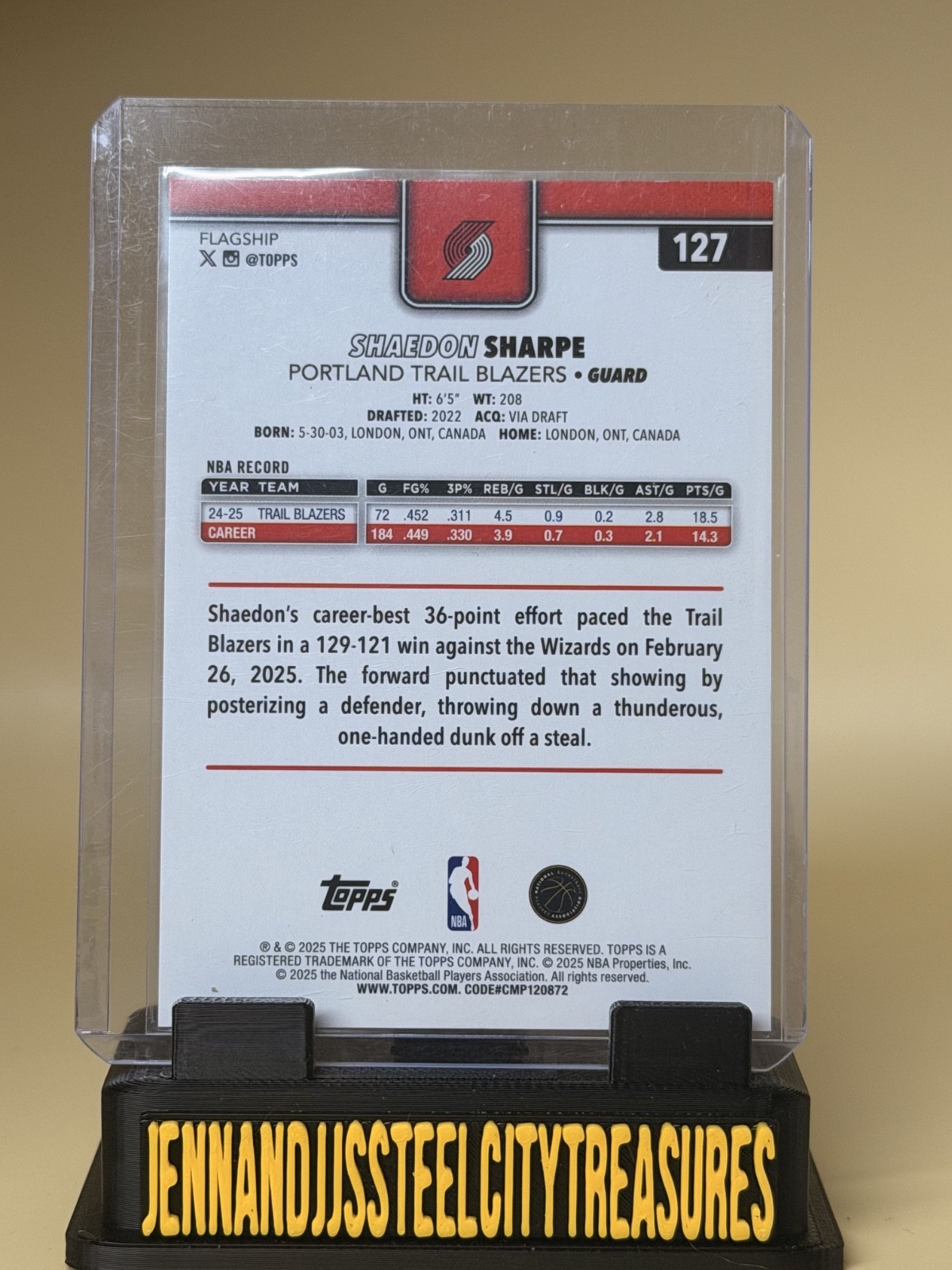 2024-25 Topps Shaedon Sharpe 127 Orange Foil 22/25 Trail Blazers