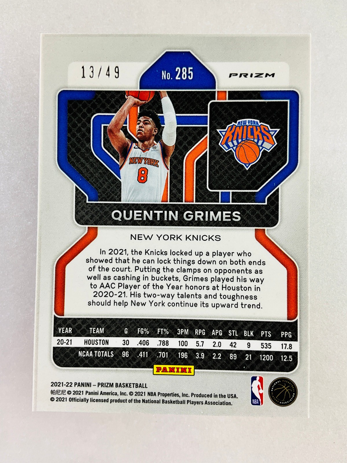 2021-22 Quentin Grimes Prizm Orange Rookie RC /49 Card #285