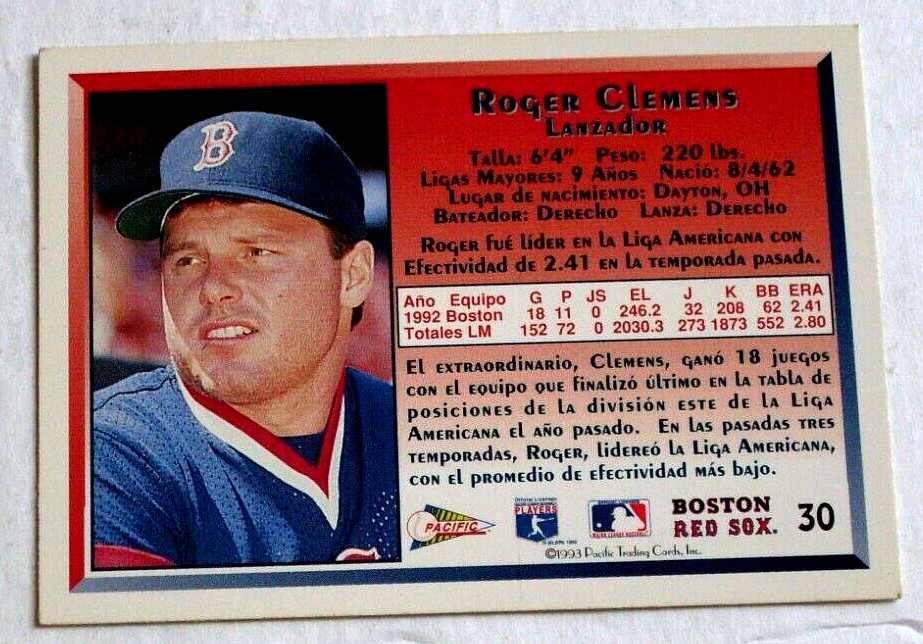 1993 Pacific Spanish #30 Roger Clemens Red Sox