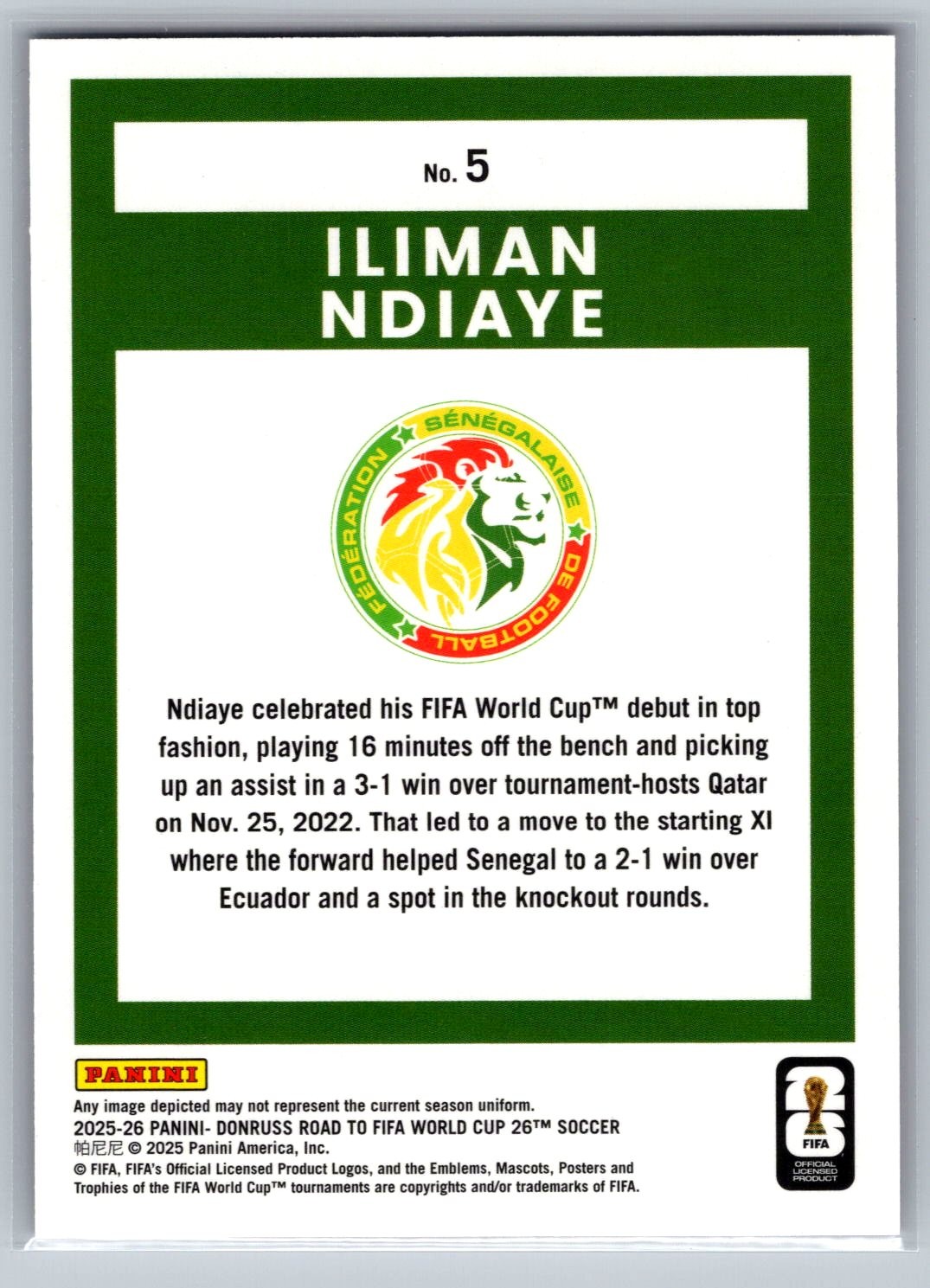 2025-26 Donruss Road to FIFA World Cup #5 Iliman Ndiaye Pink /89