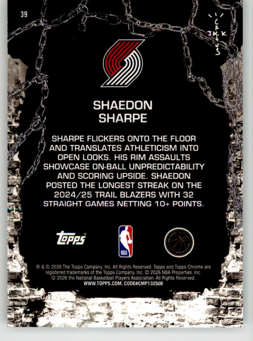 Shaedon Sharpe 2025-26 Topps Chrome Cactus Jack 39 Portland Trail Blazers