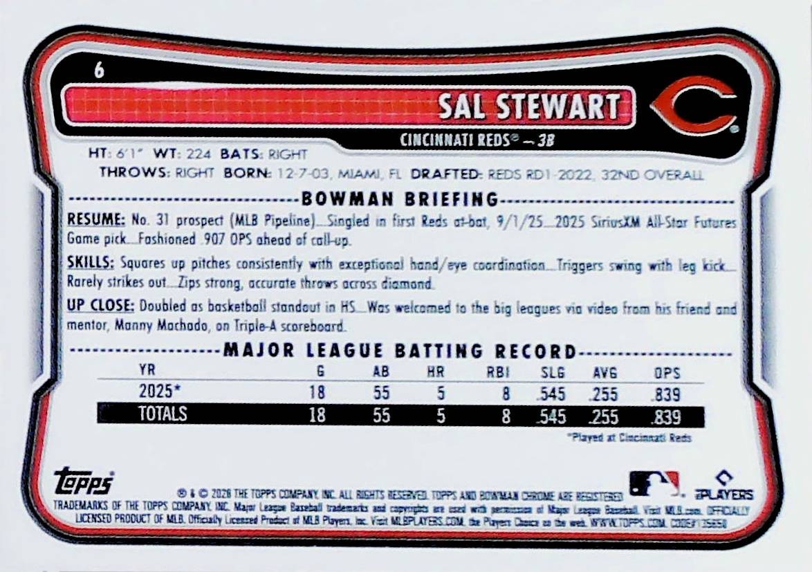 2026 BOWMAN CHROME REFRACTOR RED ROOKIE LOGO REDEMPTION #6 SAL STEWART REDS 🔥🔥